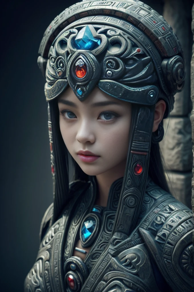 (high quality), (masterpiece), (detailed), 8K, Hyper-realistic portrayal of a futuristic (1girl1.2), Japanese character surrounded by ancient totemic elements in a stone-carved environment. Meticulous details capture the seamless blend of tradition and innovation in this visually stunning composition. Trending on Artstation.