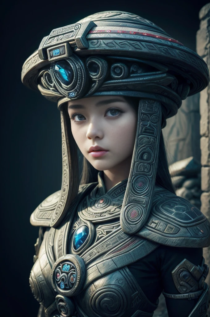 (high quality), (masterpiece), (detailed), 8K, Hyper-realistic portrayal of a futuristic (1girl1.2), Japanese character surrounded by ancient totemic elements in a stone-carved environment. Meticulous details capture the seamless blend of tradition and innovation in this visually stunning composition. Trending on Artstation.