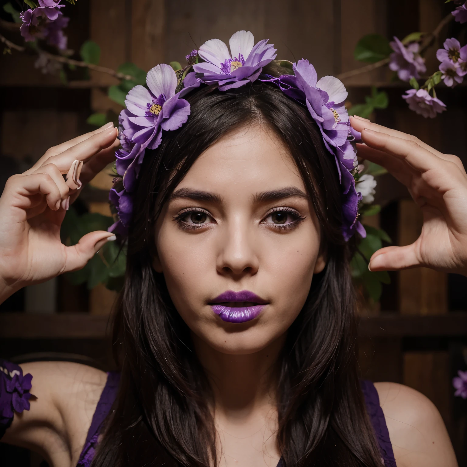 Make a skull with purple flower branches coming out of the eyes and mouth