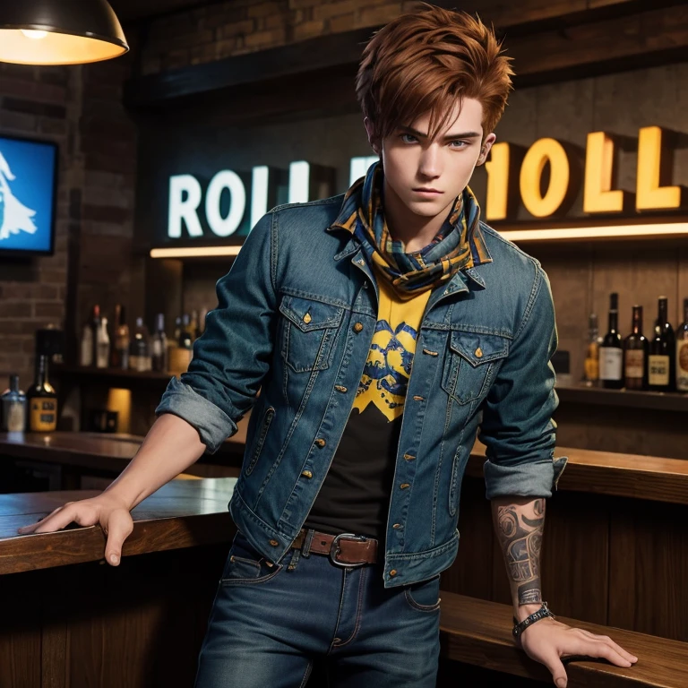 20-year-old boy reddish brown hair punk hairstyle with yellow bangs green eyes blue jeans blue jeans dark blue jacket light blue shirt with wolf print blue scarf tied on his arm muscular build with a knife in his hand looking straight at the viewer on a background of biker bar at night 