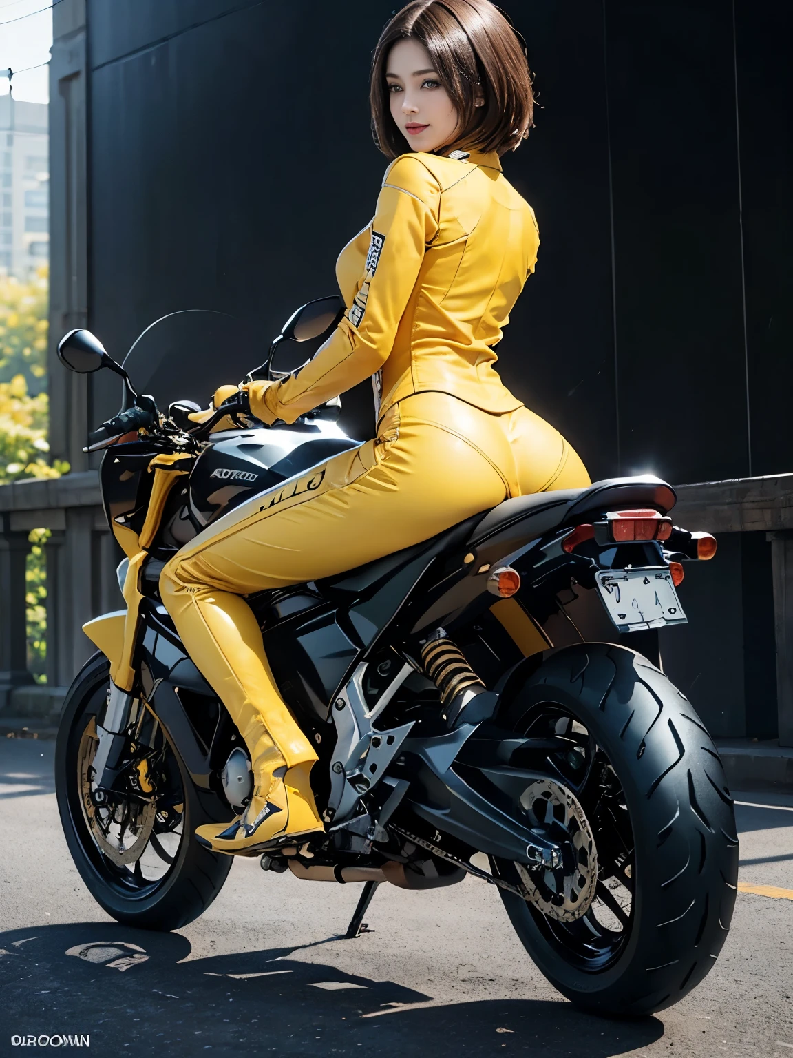 (realistic:1.5), 8K, Super high quality beautiful girl, 1 female, intricate body details, (short: 1.3), (highest quality: 1.0), (Super high sharpness: 1.0), (thin hair:1.4),（Beautiful and delicate depiction of eyes）,((((riding a motorcycle)))),unreal engine:1.4,photorealistic:1.4, skin texture:1.4, masterpiece:1.8,highest quality at best,full body shot、(((yellow riding leather suit and long pants)))、long limbs、smile、((back view))、turn around