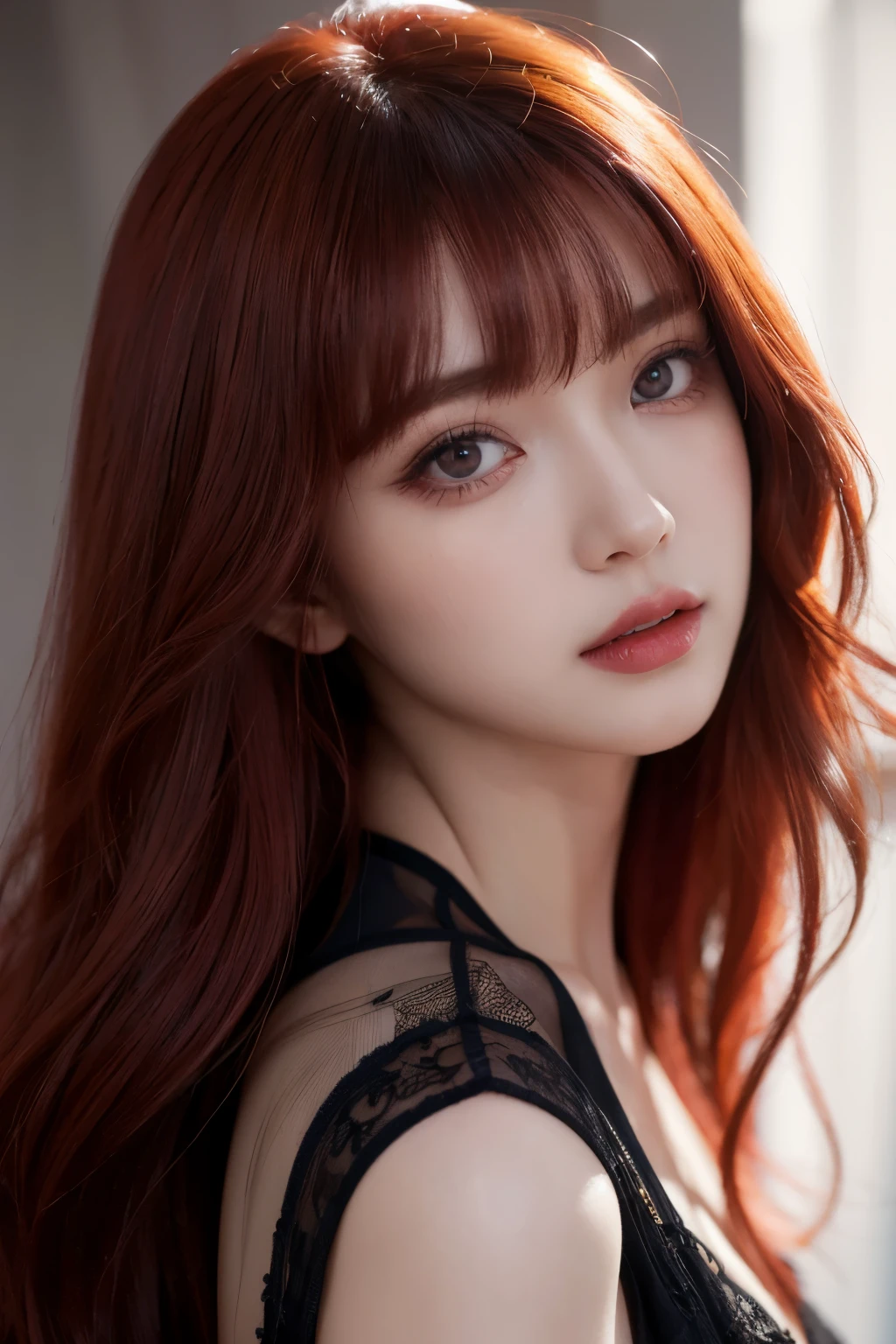 red hair, bangs, blunt bangs, hime cut, straight hair, hair spread out, shiny hair, very long hair, glowing eyes, sparkling eyes, wide eyes, red eyes, pupils sparkling, longeyelashes, makeup, tongue out, parted lips, bright pupils, full blush, saliva trail, fang, Korean woman, korean girl, Surrealism, Gothic art, Realism, Hyperrealism, reflection light, drop shadow, sparkle, diffraction spikes, UHD, masterpiece, ccurate, anatomically correct, super detail, high details, high quality, best quality, highres, 1080P, 4K, HD