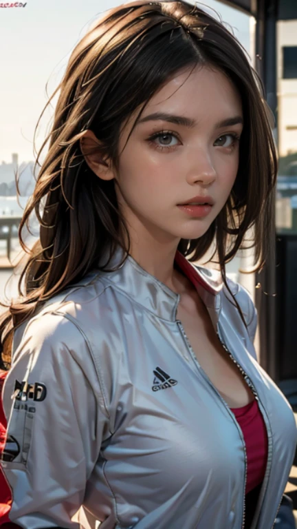 (((HD photo))), ultra high res.photorealistic:. 1.4, UHD, masterpiece, trending on artstation, portrait, upper body shot, 1girl, pretty, cute face, detailed face, most beautiful in the world, soft, delicate, (long red hair), large sagging breasts (wearing racing jacket), sunkissed, San Francisco bay, SFW:2