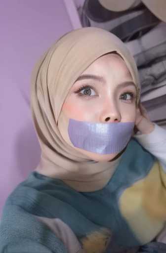 Malay girl in hijab wear big oversized loose blouse and high waist loose cotton pants, pastel color, seating, wear back pack, front view, detail skin, detail skin texture, mole below eyes, small breast, big hip, big waist, big thigh, slim abs, beautiful body, evening, laughing, happy, bright lighting, blur background, bokeh,Super 8mm lense, Extreme close-up, deep focus cinematography effect, Natural Lighting, pastel color grading, high quality, ultra detail, 8k resolution, gagged, tape gag, ball gag
