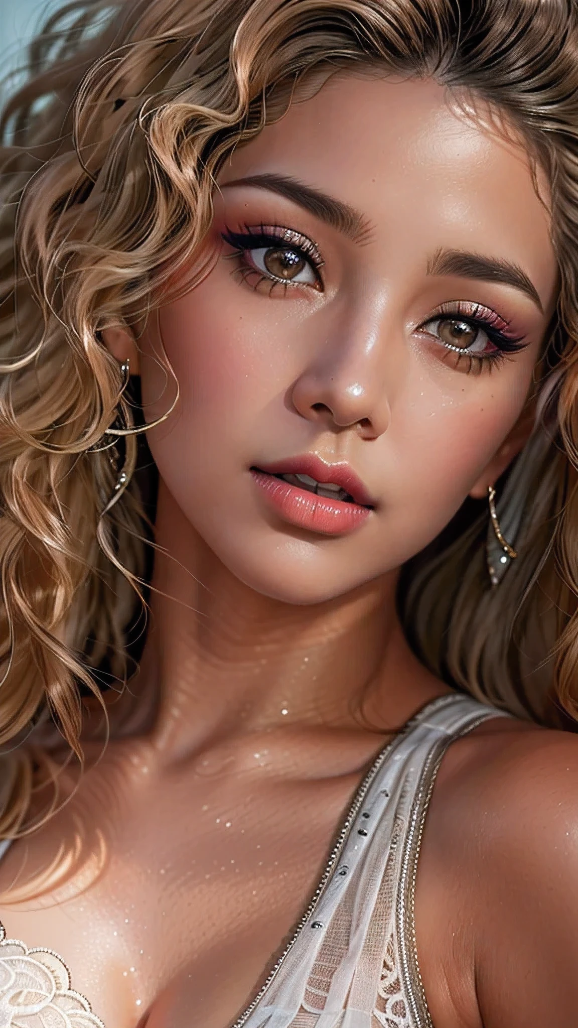 Divide Ratio : 1,1,1 Base Ratio: (((portrait))),perfect dynamic composition:1.2,beauty(mixed girl)(madison ivy:0.5)(jessica alba:0.3)(Ariana Grande:0.3) in (Intricately detailed portrait of a((22-year-old))),((photorealistic)),((Hyper realistic)),((sharp focus)),((highest resolution)),(the most absurd quality),(masterpiece),((natural, soft lighting during the day)),fashion supermodel,((best high quality real texture skin)),(Highly quality texture hair),((curly hair(((slicked to the two side)))Intricately detailed:1.44)),(perfect proportions),(anatomically correct),((perfect female body)),((firm normal breasts:1.4)),slim face,beautiful cheekbones,(Super beautiful face),(realistic face),(highly detailed face),absurd(ultra detailed eyes),(tired and sleepy and satisfied:0.0),((close up of a woman's eye with a digital rendering)),(realistic eyes),perfect round eyes,finely detailed pupils,(brown_eyes:1.4),BREAK,detailed lips:1.3,pink_makeup:1.3,long_blue_eyeliner:1.1,(red_lipstick:1.25),perfect dark_eyeshadows:1.35,((there a close up of a woman's face)), with professional makeup,(Detailed nose),small head,full bodyesbian,dark shot:1.2,((Intricately detailed sports crop top:1.3)),look at the viewer,((city),walking),On the street,((upper body shot:1.3)),Hasselblad, 50mm f/2.2
