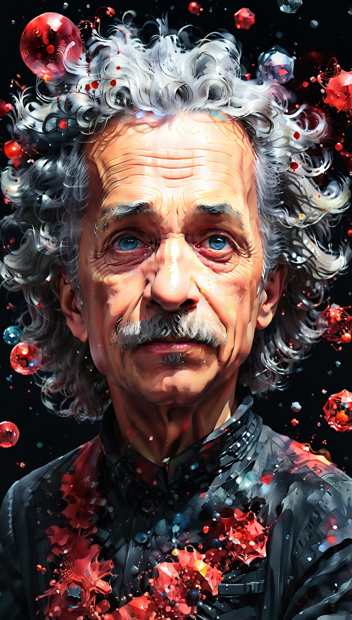 close up photo of Albert Einstein, off shoulder , watrcolor style, (red) digital art, black background, among the atoms, official art, blown by the wind, masterpiece, beautiful, ((watercolor)), paint splatter, intricate detail. Great detail, [dripping:0.7], Trending on Artstation, Rachel Walker
