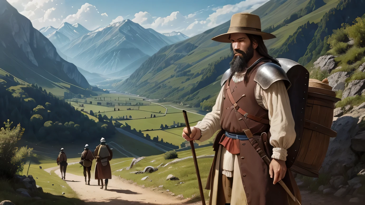 the tyrolian patron andreas hofer is in the middle of a valley with friends and looks and points to the end of the valley, where french swordsmen with plate armor can be seen in the far distance far. Andreas Hofer has his typical hat, dark hair and dark black beard and a walking stick which is place onto the ground. Andreas Hofer is clothed like a poor peasant in the early, he has ragged clothing, 19th century His friends are clothed similiar to Andreas Hofer, although they dont wear a hat. Andreas should be seen with most of his face and be in the center of the picture.