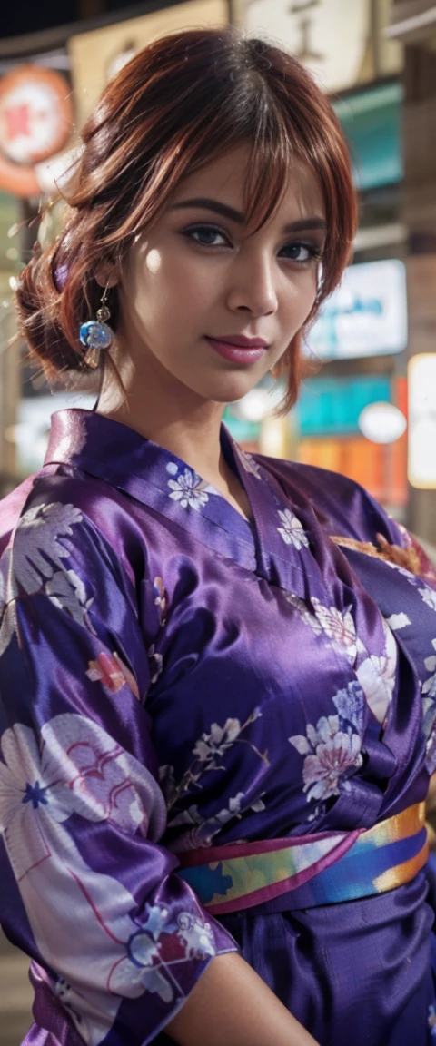 (((highest quality)), (super detailed), 1 Indian women, (iridescent hair, colorful hair, red hair: 1.2), 30 years old, (((wearing silk colorful yukata: 1.2))), outdoor, bangs, smile, sky blue eyes, Earrings, Night Store + Background, looking_at_viewer, Top Quality, Rich Detail, Perfect Image Quality, big breasts, slender body, Cowboy Shot, (masterpiece), masterpiece, super detail, high details, highres, 16k