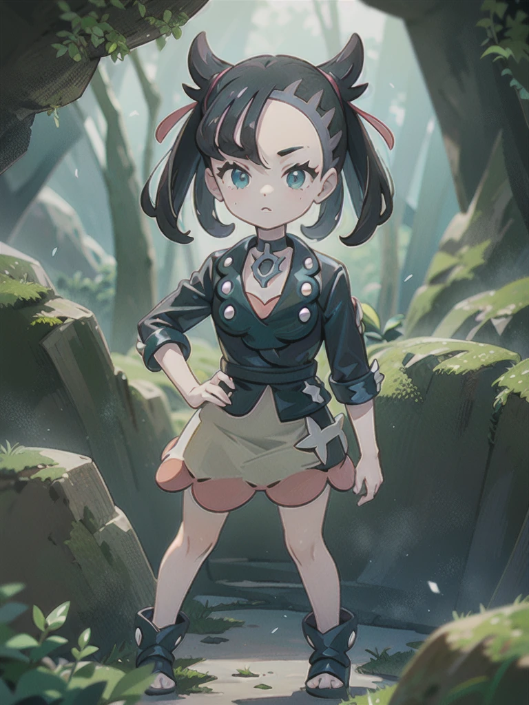 cowboy shot:1.2,((pokemon'smarnie:1.2)),(super detailed illustrations:1.2),(masterpiece, 8K), (最high quality, high quality:1.4), perfect anatomy, very detailed, super detailed,masterpiece background,beautiful detailed background, v8K wallpaper,perfect design,award winning art,stand in front of the photo、highest quality、very cute girl、、、10 year old girl、inside a dark cave, The cave continues deeper,A dark cave covered in moss, (dramatic light:1.3), 
woman,Only one person depicted:1.2,flower,:smile:1.2,Standing with your hands on your hips:1.2