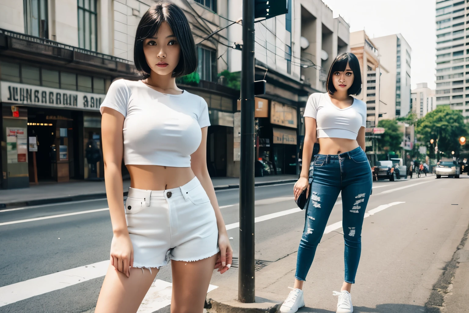 Professional, realistic, High level of detail, Full body photo of 18 years old woman, korean, Tight shorts jeans, (White crop top t-shirt:1.3_MUST), (glossy black hair in blunt bob:1.3), full body, Standing posing for a photo, on a street, photogrnic pose, (random standing pose: 1.3) ,Natural light, (Attractive young woman:1.3), (seductive:1.1), (blush:1.1), round and big breasts, cleavage at south jakarta buildings