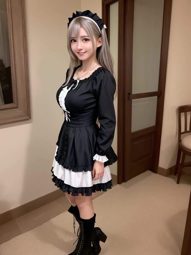 (8K, Photorealistic, Raw photo, of the highest quality: 1.3), (1girl in), Super beautiful, (Realistic face), (boyish, Silver Color Berry Shorthair), Beautiful , Glare that captivates the viewer, Beautiful expression, Beautiful breasts, (Realistic skin), Be...Super high quality, super high definition, super detailed, masterpiece, 20years old, female, cute, perfect face, beautiful, gothic lolita clothes, gothic lolita fashion, frilly skirt, headdress, necklace, bracelet, knee-high socks, boots, double eyelids, tear bags, Detailed down to the fingers, photo-like description, indoors, dim indoor lighting, blonde hair, semi long, standing, whole body, composition that shows the whole body, smiling