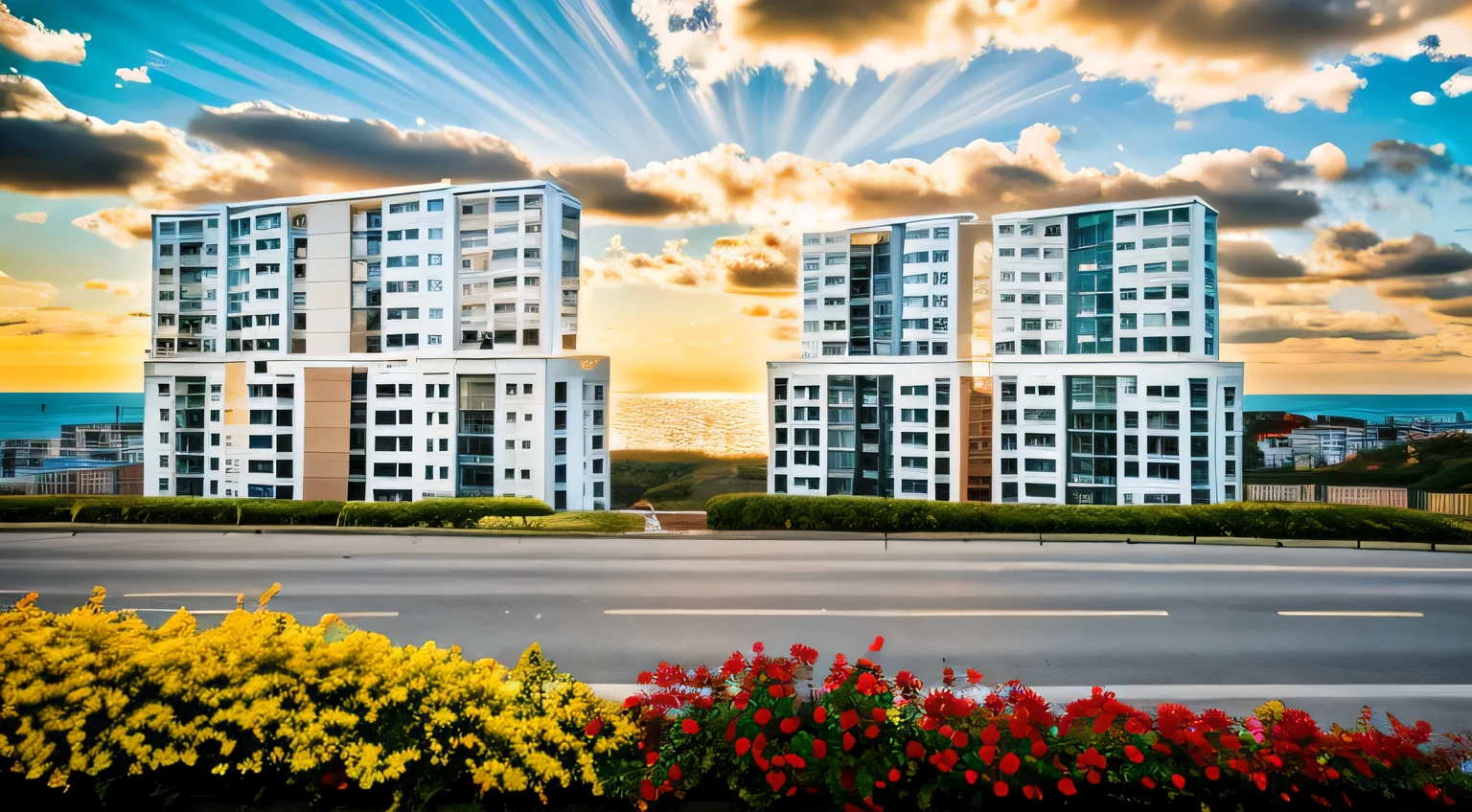 exterior of highrise apartment building, contemporary style, balconies, plants and flowers on balconies, vivid colour, beautiful landscape, stone pavement,cars, realistic, RAW photo, 8k uhd, dslr, soft lighting, high quality, film grain, Fujifilm XT3,masterpiece,