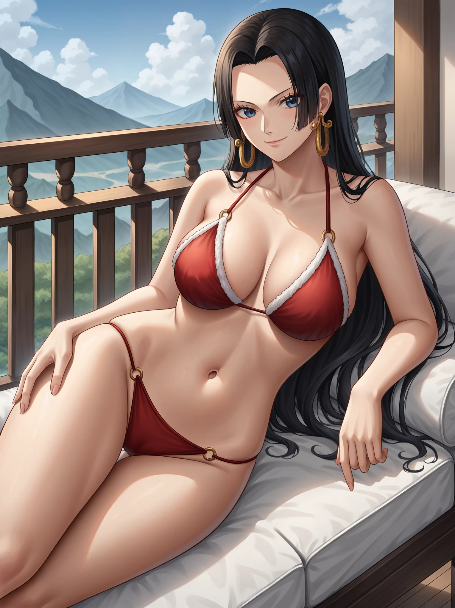 source_anime,score_9,score_8_up, score_7_up, 1girl,solo,outdoors,one piece, boa hancock, couch, indoors, seductive, face closeup, ((closed mouth)), smirk, thighs, long shot, balcony, mountain background, fancy, white couch, laying, leaning, fronr view, red underwear, red panties with rope outline, fur bikini