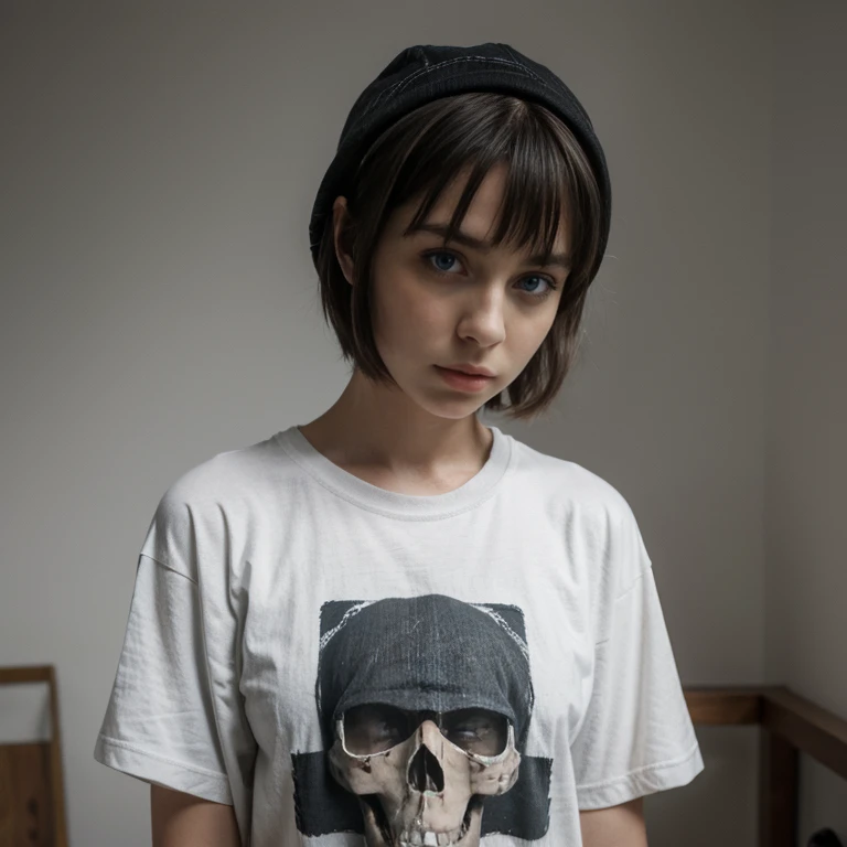 (Monocrhome), Mid Shot, (She is realy sad), dark, dismal expression, (oversize clothes) (thoughtful poses) in love, chiaroscuro, black and white, 90s girl, simple background, minimalistic, beautifull, ((photoshot)), baggy clothes, wearing bucket hat, black oversize shirt, girl with pixie cut hairstyle, woman, dark background highlighting the figure. Natural lighting, stunning realism, minimalistic, abandoned place background, thoughtful expression, (skull graphic in t-shirt), er, nadia.