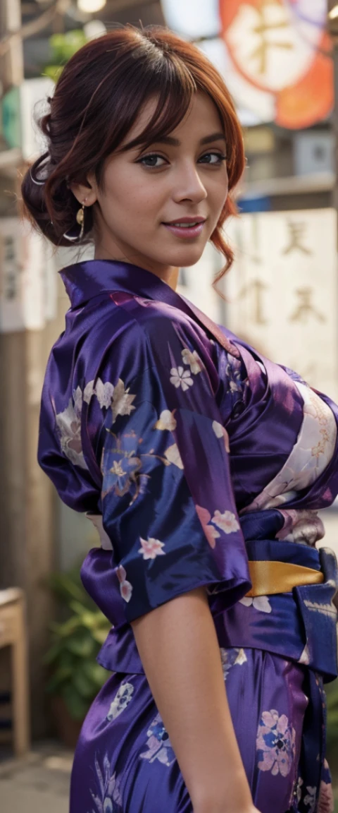 (((highest quality)), (super detailed), 1 Indian women, (iridescent hair, colorful hair, red hair: 1.2), 30 years old, (((wearing silk colorful yukata: 1.2))), outdoor, bangs, smile, sky blue eyes, Earrings, Night Store + Background, looking_at_viewer, Top Quality, Rich Detail, Perfect Image Quality, big breasts, big waist, curvy body, (masterpiece), masterpiece, super detail, high details, highres, 16k