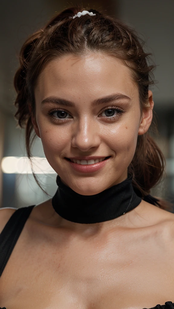 cute 26 year old,1 girl,slim face ,8K,Super realistic image quality,dynamic shadow,sparkling eyes,((Clear black eyes))clear pale blue eyes,movie theater lighting,((dark back alley)),((City lights)),night,Darkness of the city,suit, ((face close up:1.4)),((A smile showing white teeth)),((Open mouth and smile happily)),((Chestnut ponytail and scrunchie)),close, 8K, Raw photo, highest quality, masterpiece,realistic, photo-realistic,