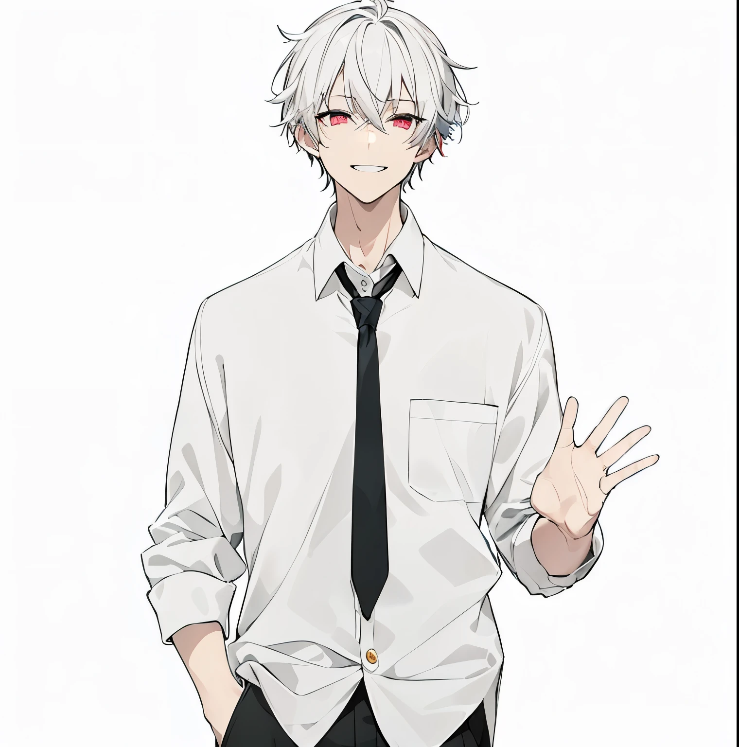 Anime, boy, male, standing, mature, handsome, white hair, messy hair, bangs, spiky hair, red pupils, smiling, bright smile, wearing shirt, tie, pant, detailed hair, detailed, clothes, clothes shading, simple clothes shading , 2d shading simple