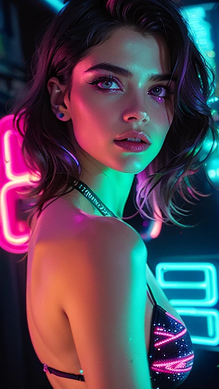 arafed woman in bikini posing in front of neon signs, neon and dark, glowing neon, glowing neon skin, portrait de fille aux ondes lumineuses, neon glow, neon light, subtle neon lighting, brillant d&#39;une lumière colorée, neon glowing, lueur cyberpunk brillante, Neon Night, glow of neon lights, Douce atmosphère de néon, neon cyberpunk highlights, with neon lights