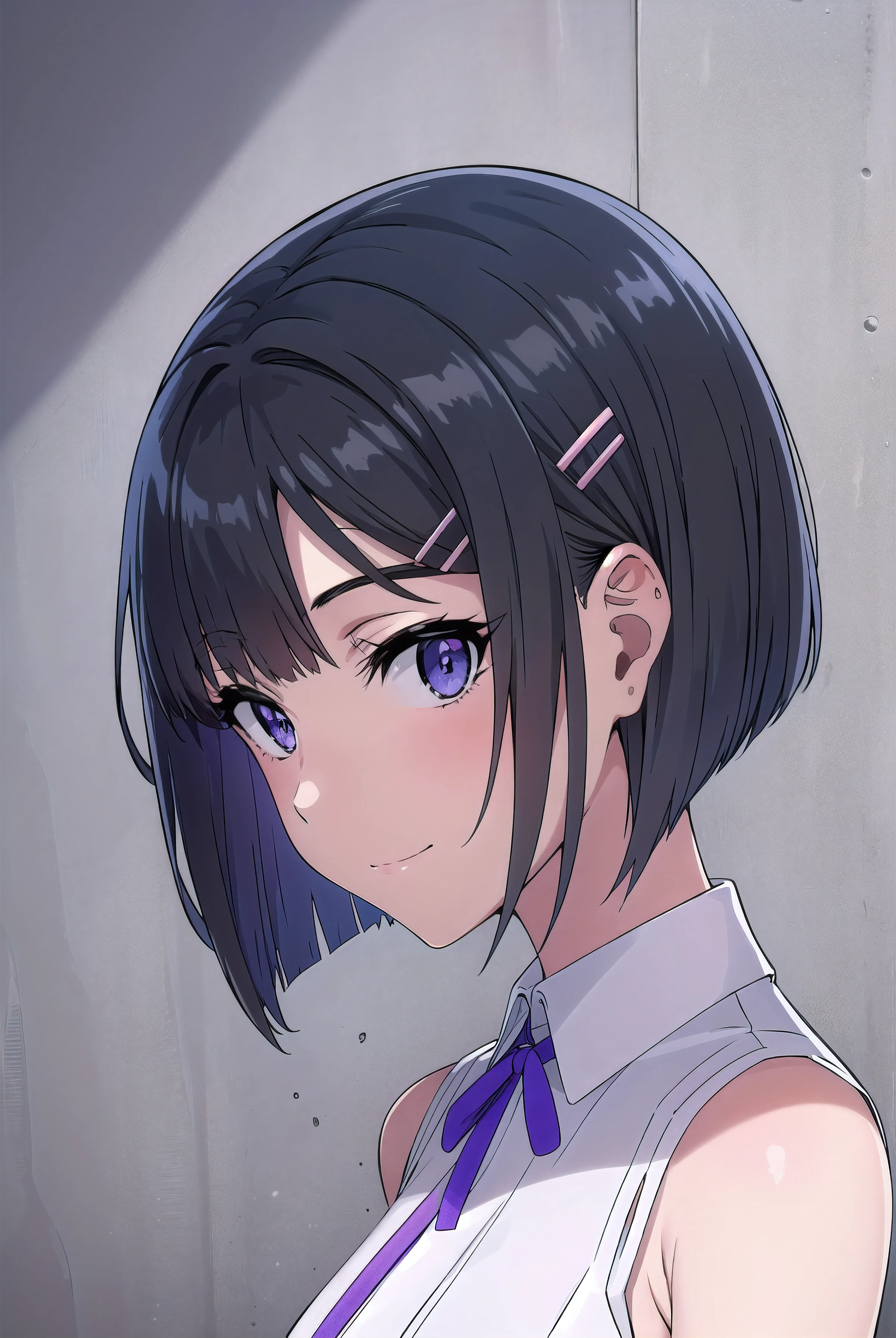 masterpiece, best quality, 1girl, solo, hair ornament, (purple eyes:1.1), hairclip, rabbit hair ornament, vibrant short black hair, bobhair, short-hair, short bob hair, (((bobcut))), bob haircut, very short bob cut, lip length hair, blunt ends, (sliced_bob), buzzed nape ((haircut:1.3)), undercut, bobbed hair, minibob, sidecut, shaved, graduation bob, straight short hair, short hair above the ears, Shot diagonally from the side, looking at viewer, elegant braid, masterpiece, best quality, 1girl, medium breasts, wall, graffiti, smile, sleeveless