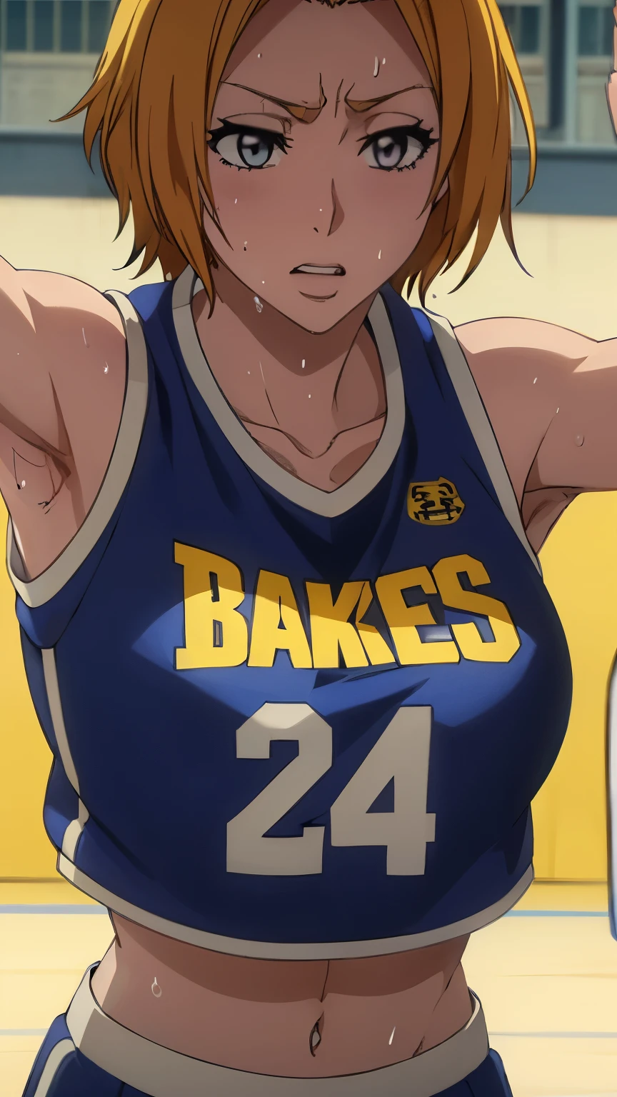 a close up of a person wearing a basketball uniform, a picture, inspired by Kentaro Miura, trending on pixiv, Rangiku Matsumoto, Bleach, wearing yellow nba jersey, yellow croptop nba jersey, wearing a low cut croptop, wearing croptop, croptop, the words "Lakers" written on the croptop, golden raito, (winking), shirobako, large)}], favorite scene, fine details. anime. skins, sweating, big breasts, both hands raised, armpits, armpits visible, dripping with sweat, more more sweat, sweaty armpits