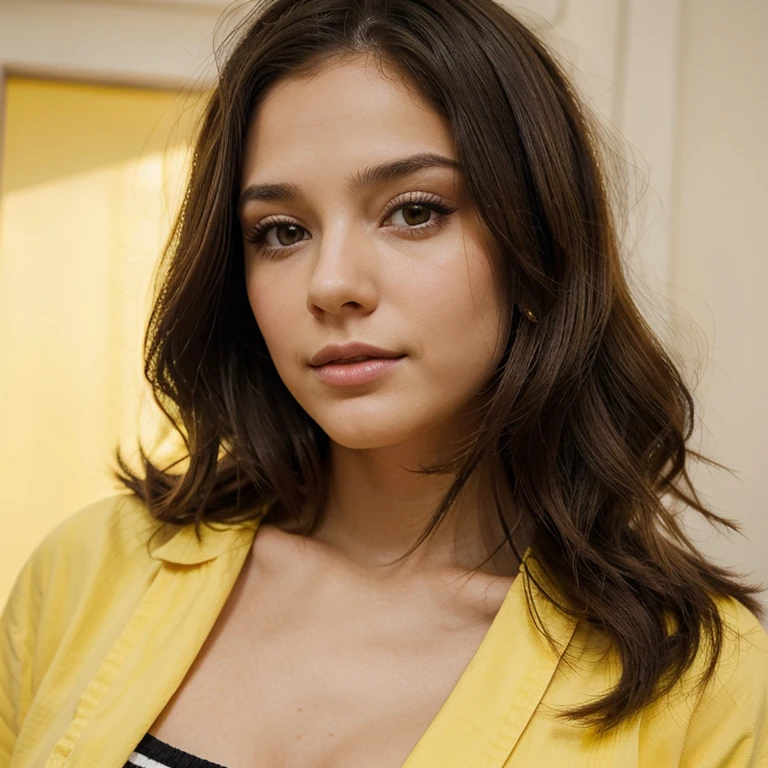 Make a brunette character, com cabelo cacheado e longo, que seja adolescente e que esteja usando alguma coisa amarela