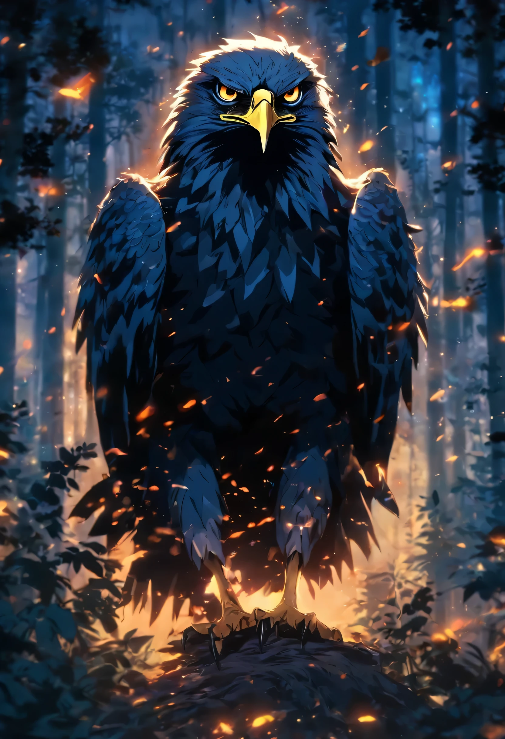 An eagle soars in the forest，Atmosfera assustadora，Inspired by the mythical creature Wildnet，arte digital no pixiv，luzes fortes，alto contraste，Tema de filme de terror，ambiente escuro