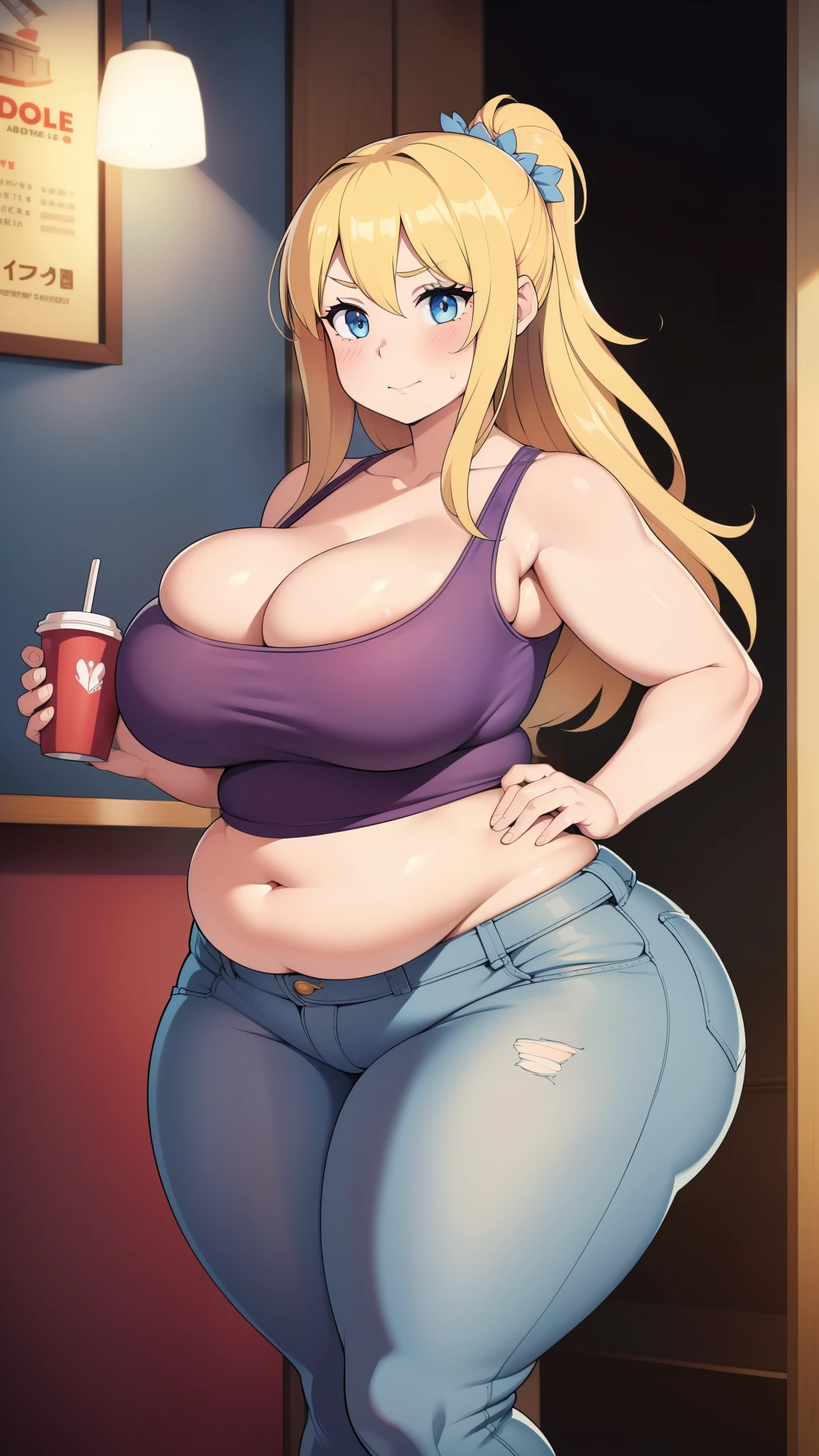 ((Masterpiece)), perfect anatomy, perfect shading, field of depth, (best quality), extremely delicate and beautiful, perfect lighting, detailed face, ultra cute face, cute, (1girl), (solo),

long fluffy blonde hair, blue eyes, ((blush)), nervous, looking at viewer, tank top, jeans, cleavage, large breasts, ((thick thighs)), (wide hips), fat ass, chubby, 

intricate background, detailed background, fast food restaurant, standing, 
