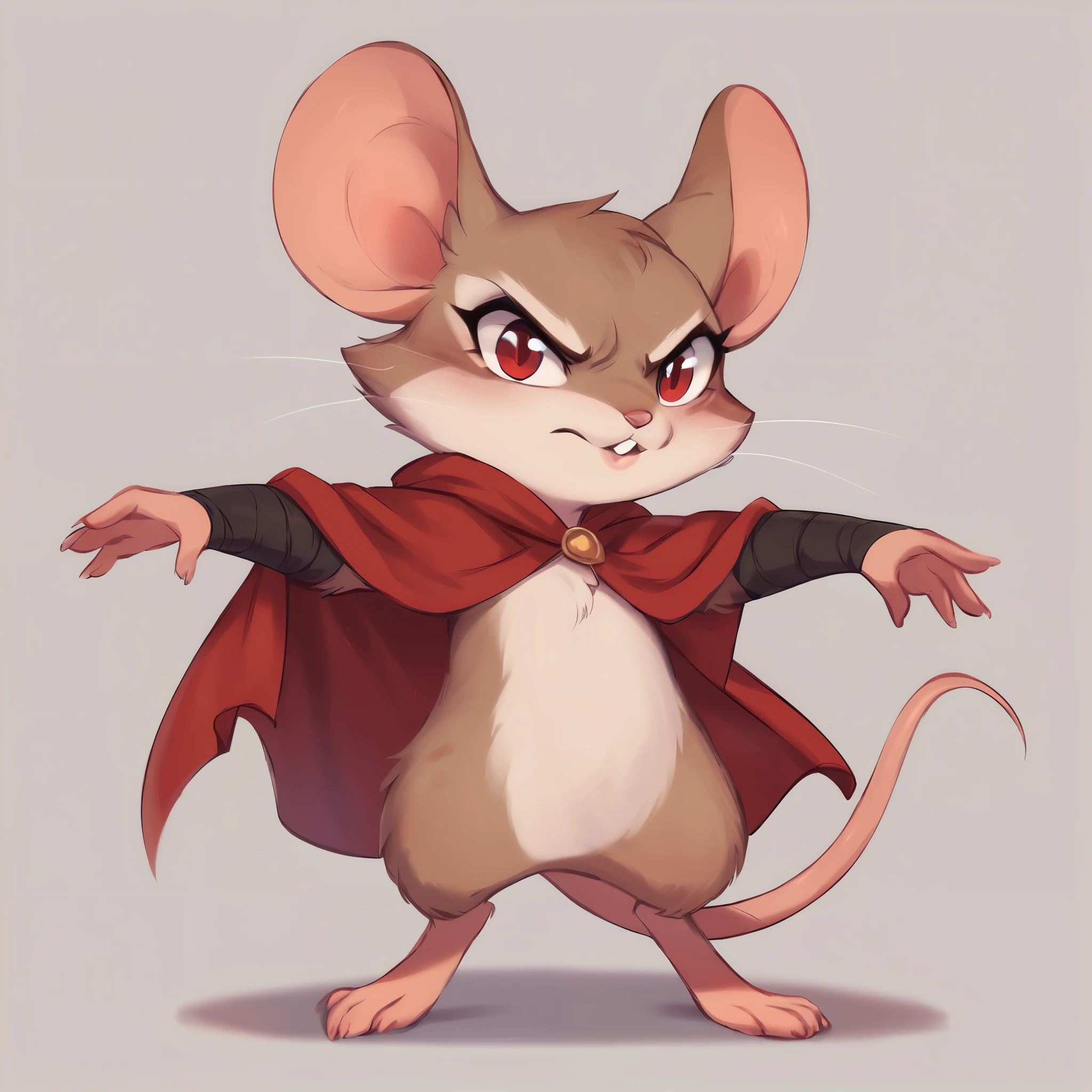 score_9, score_8_up, score_7_up, score_6_up, score_5_up, score_4_up, show accurate, full body, hungry body, simple background, (solo), (semi anthro), mouse, female mouse, fur body, ultra fine fur, standing, red eyes, (light brown dull fur), determined look, black open cape, red inner cape,