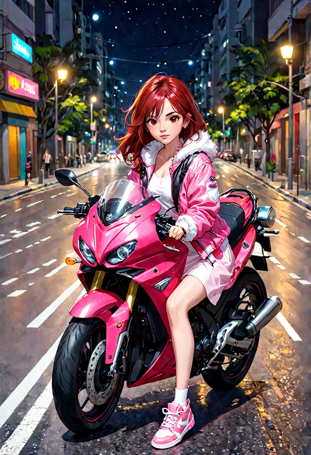 hay una mujer en una moto rojo, with medium red hair dark brown eyes, He is on a road at night he has a pink jacket, un vestido  zapatillas blancas