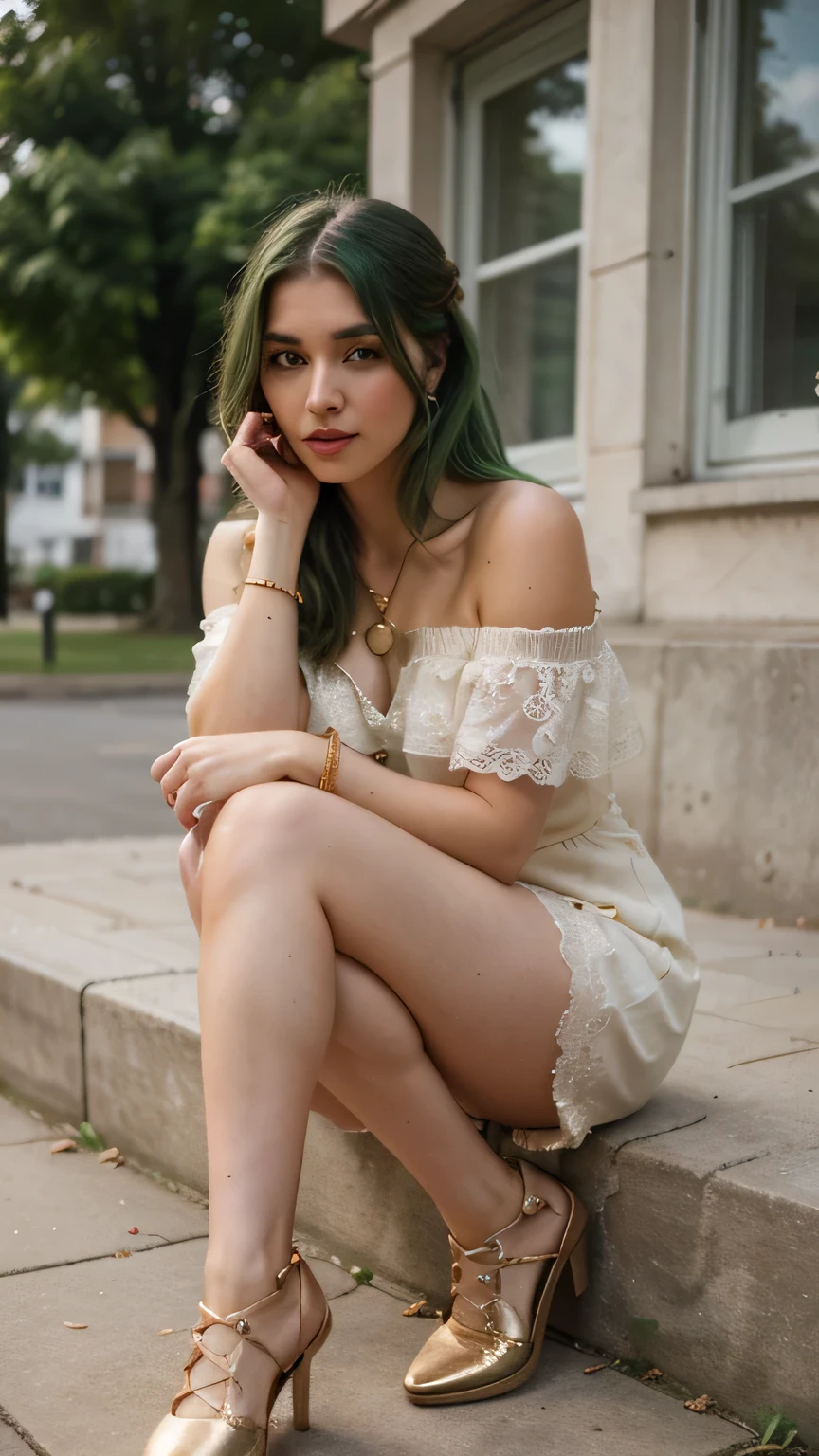 1girls, Nur, green Hair , 24 years old , She is wearing a summer dress with off-the-shoulder style, long lace-up shoes, gold jewelry, and a summer makeup look.