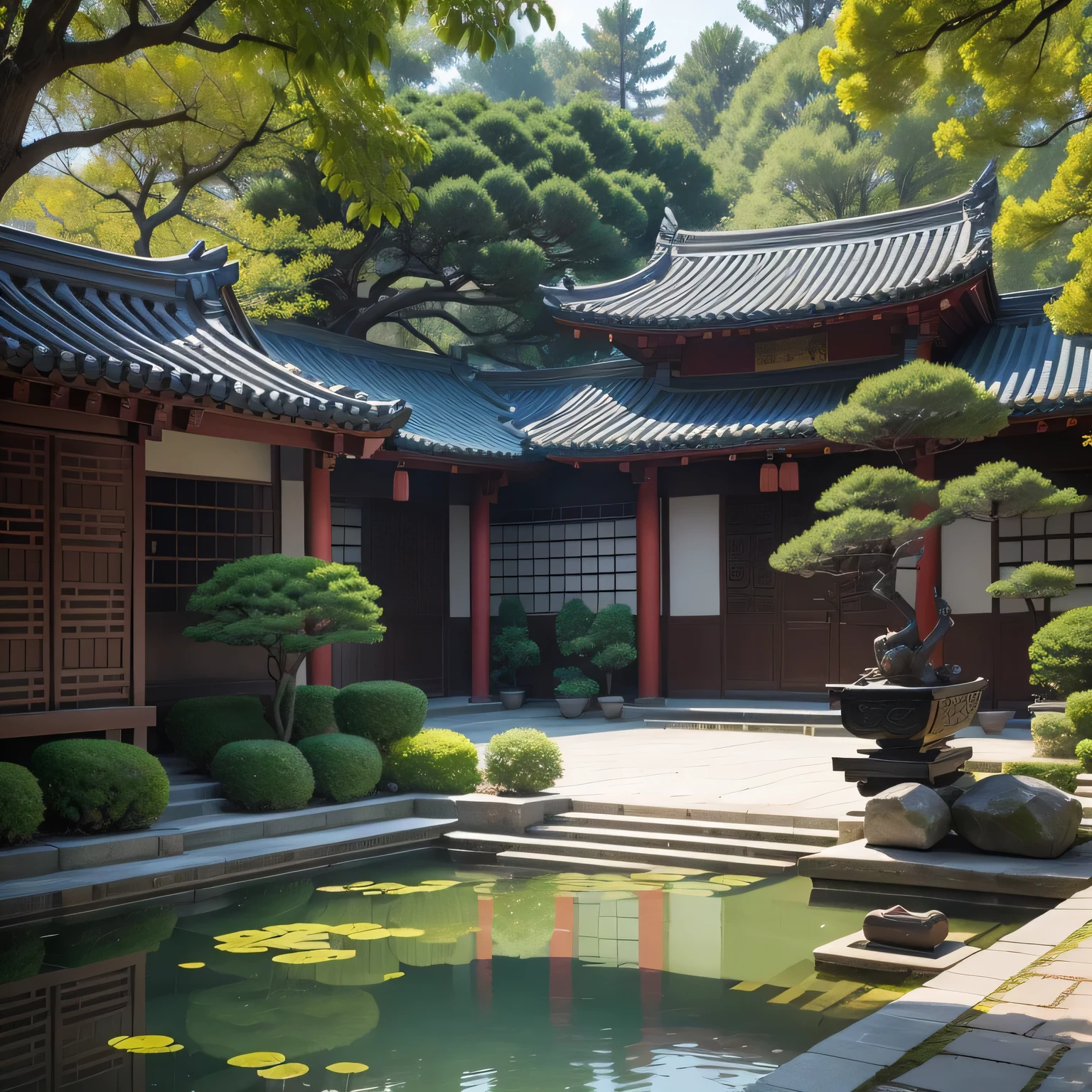 Ultimate aesthetics，Gangnam Chinese courtyard style, Delicate and gentle，Traditional quaint，pools of water，Pavilions，Stone，ponds，bonsai，Flowers and trees，Winding paths，Fish leaping algae pool，Willow bank flower bushes，Poetic，Full of charm。