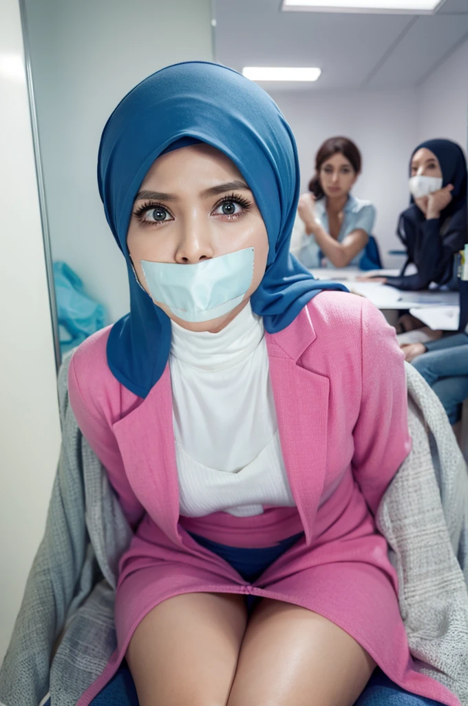 Beautiful fair skin matured malay girl in hijab seating in meeting room angry, 45 years old, milf, angry pose, angry face, meeting room, morning, wearing hijab, pastel color hijab, blue pastel office outfit, pink suits, , small breast, flat chest, wide waist, beer belly, thick thighs, bright lighting, white lighting, gagged, tape gag, ball gag