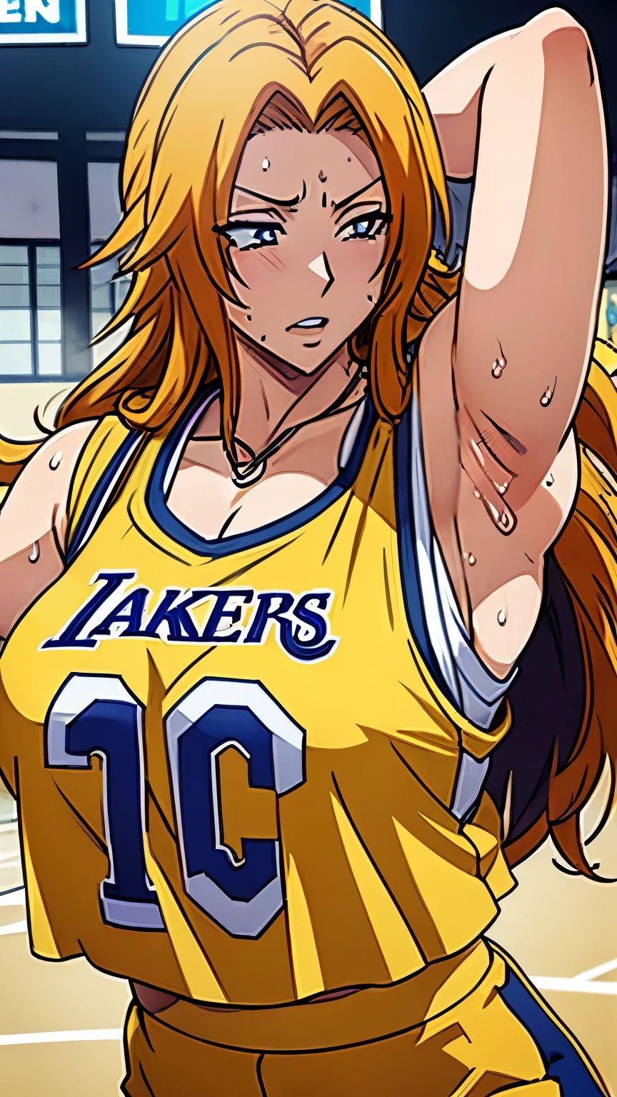 a close up of a person wearing a basketball uniform, a picture, inspired by Kentaro Miura, trending on pixiv, Rangiku Matsumoto, Bleach, wearing yellow nba jersey, yellow croptop nba jersey, wearing a low cut croptop, wearing croptop, croptop, the words "Lakers" written on the croptop, golden raito, (winking), shirobako, large)}], favorite scene, fine details. anime. skins, sweating, big breasts, both hands raised, armpits, armpits visible, dripping with sweat, more more sweat, sweaty armpits