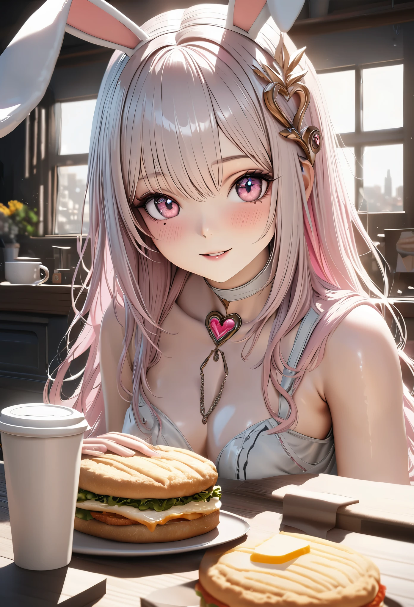 master piece,highest quality, Super detailed, High resolution, expensive resolution, HDR, 4k, 8K, unity 8k wallpaper, Super detailed CG, masterpiece, realistic, photorealistic, 2D, 3D, beautiful details, depth, fine texture , super fine: 1.3, Fully focused, Crispy.skin, .he,
Very cute anime girl with Pink semi-long hair wearing expensive , one girl, smile、alone, Pink semi-long hair, animal ears, Bunny ears, breakfast、fried egg、sandwich、coffee、mole under the eye, looking at the viewer , expensive , blush, mole, Bunny ears, parted lips, hair ornaments, heart, pink eyes, choker