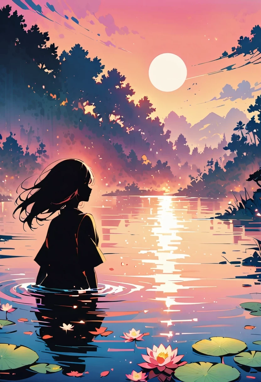 (Heroine silhouette:1.5),Powerful,on the lake，high contrast, movie lighting, mysterious atmosphere,，lotus，lotus leaf，a moon