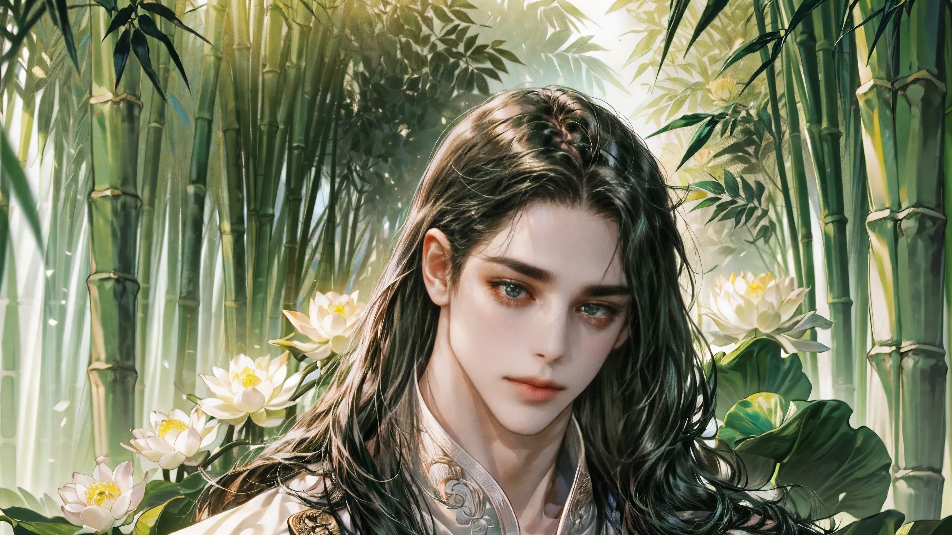 beautiful youth, a bright smile,All green clothing,(absurdres, highres, ultra detailed, HDR), masterpiece, best quality, 1 boy , boy character ,((Thick ,black, long hair)),beautiful face,detailed interior, detailed character,((man)),(male in bamboo forest), black hair,he smile,(white lotus),1man,the house of ancient China, beautiful man with long black hair and black eyes,((solo man)),long hair,((he has a Big eyes, charming lips, slim nose and small face)),he has a slander shape,thin body