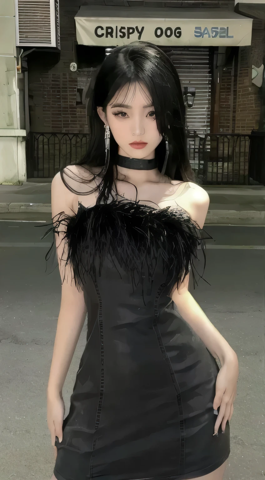 Mujer arafed con un vestido negro posando para una foto., cruel korean gothic girl, usando un vestido de plumas, dilraba dilmurat, vestido tubo, ella lleva un vestido negro, modelo de moda femenina coreana, xianxia de cuerpo completo, muy hermosa top model gotica, wearing a gothic dress, vestido sexy, foto de modelo chica delgada