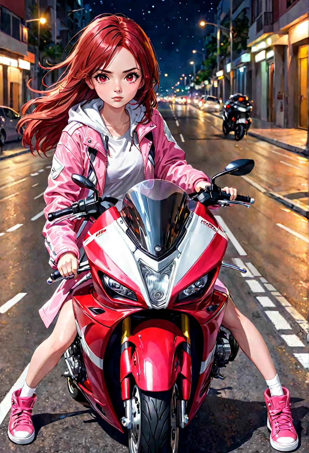 hay una mujer  montando en una moto rojo, with medium red hair dark brown eyes, He is on a road at night he has a pink jacket, un vestido, zapatillas blancas