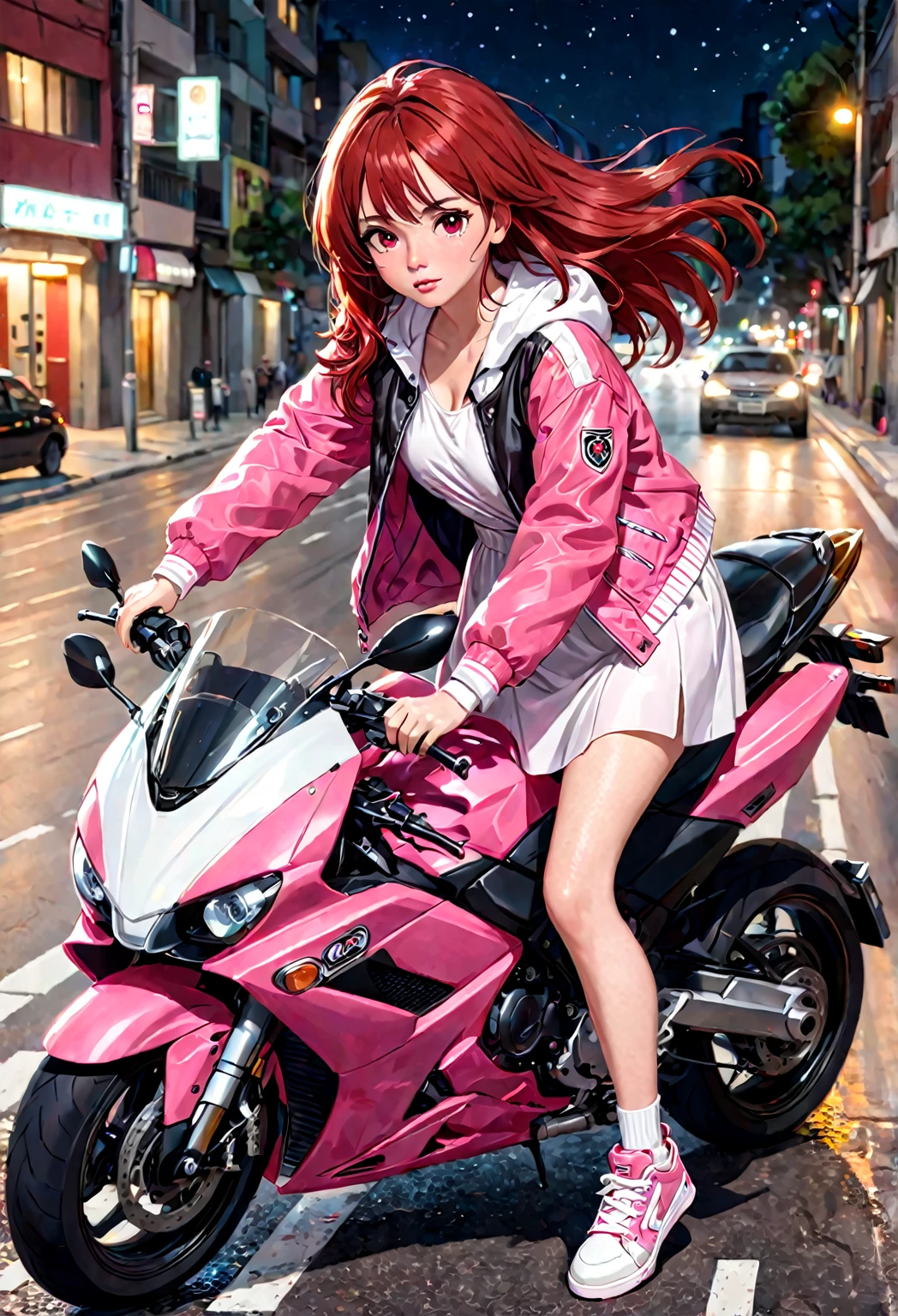 hay una mujer montando en una moto rojo, with medium red hair dark brown eyes, He is on a road at night he has a pink jacket, un vestido, zapatillas blancas