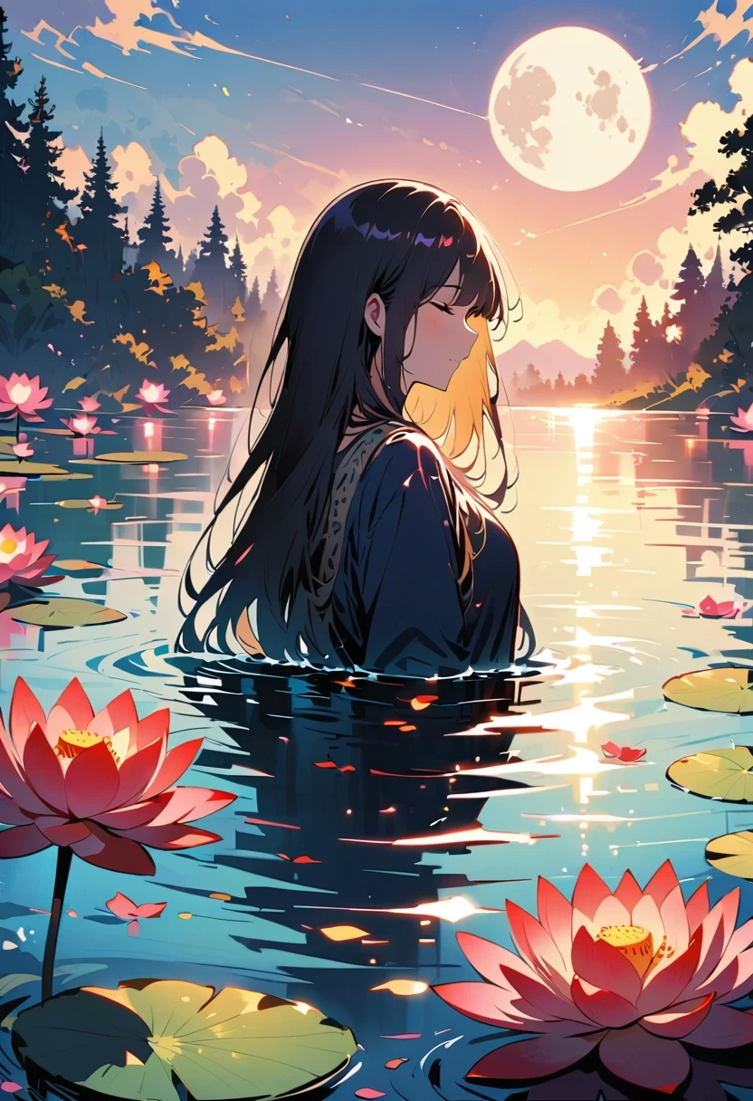(Heroine silhouette:1.5),Powerful,on the lake，high contrast, movie lighting, mysterious atmosphere,，lotus，lotus leaf，a moon
