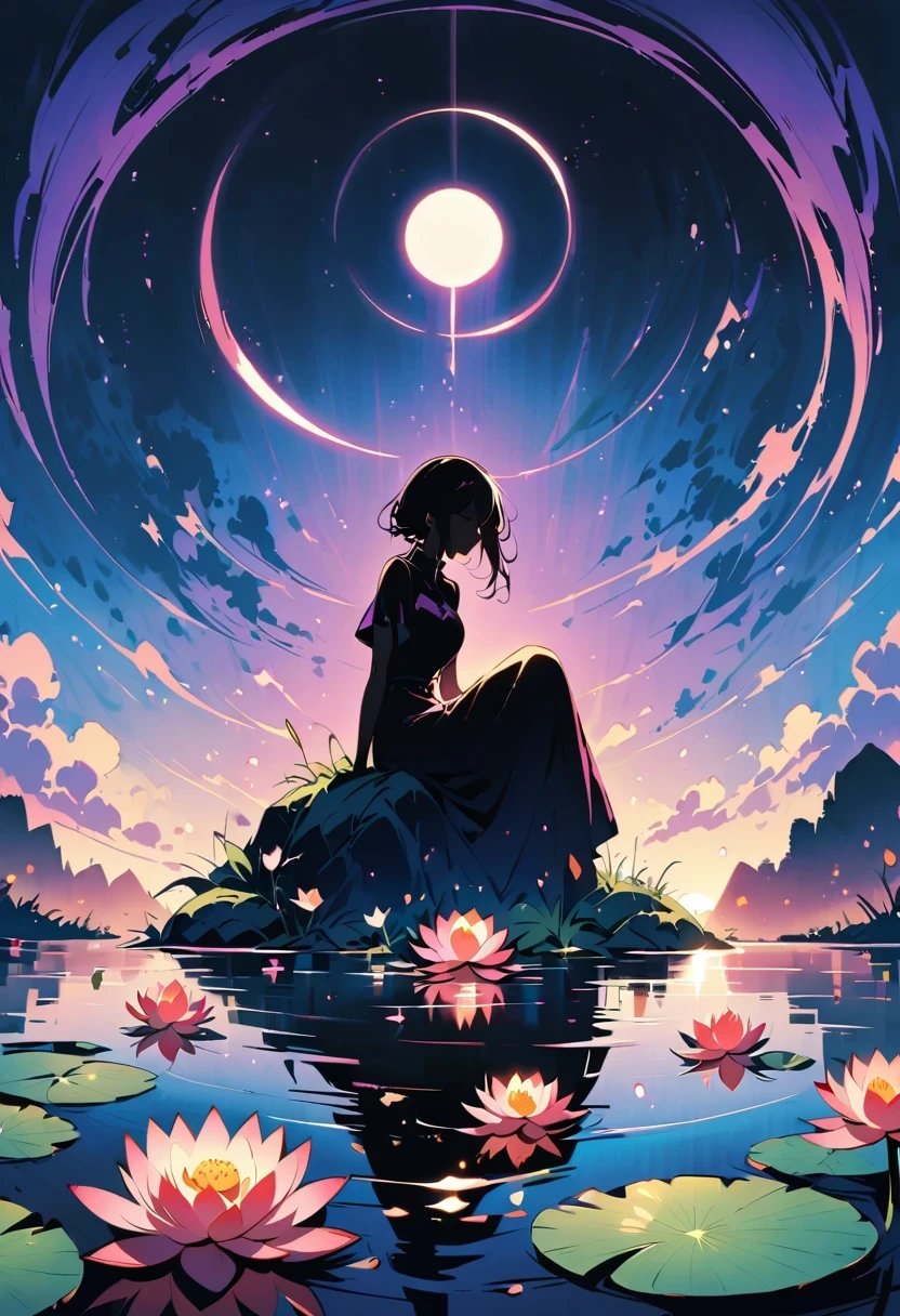 (Heroine silhouette:1.5),Powerful,on the lake,high contrast, movie lighting, mysterious atmosphere,,lotus,lotus leaf,a moon