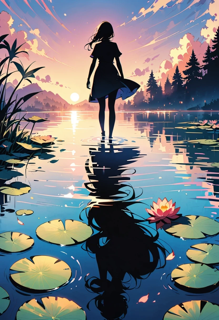 (Heroine silhouette:1.5),Powerful,on the lake，high contrast, movie lighting, mysterious atmosphere,，lotus，lotus leaf，a moon