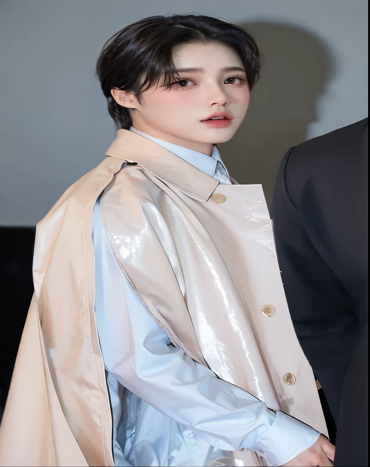 um close up de uma pessoa usando jaqueta e gravata, brilhante da chuva, cai xukun, Jung Jaehyun, she is wearing a wet coat, Kim Doyoung, he is wearing an overcoat, delicate androgynous prince, Jimin\o nariz grego, com ombreiras, Jinyoung Shin, Jungkook, park Jimin, jia, com capa
