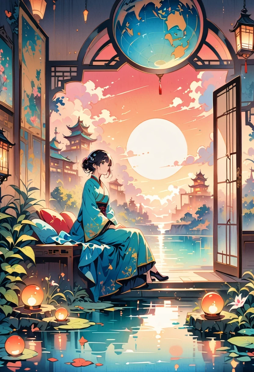 ((oil painting style))DNA((Shirou Road)),dark room,Moon goddess Chang&#39;e sitting in a Chinese style room，Staring out the window，Missing her lover, (Watercolor with ink outlines，Cute and girly)soft (candlelight) Glittering shadows on antique mica screen, In the background is a palace on Mars,(Big blue globe:1.3) Two-thirds up,is the horizon,Cool colors
