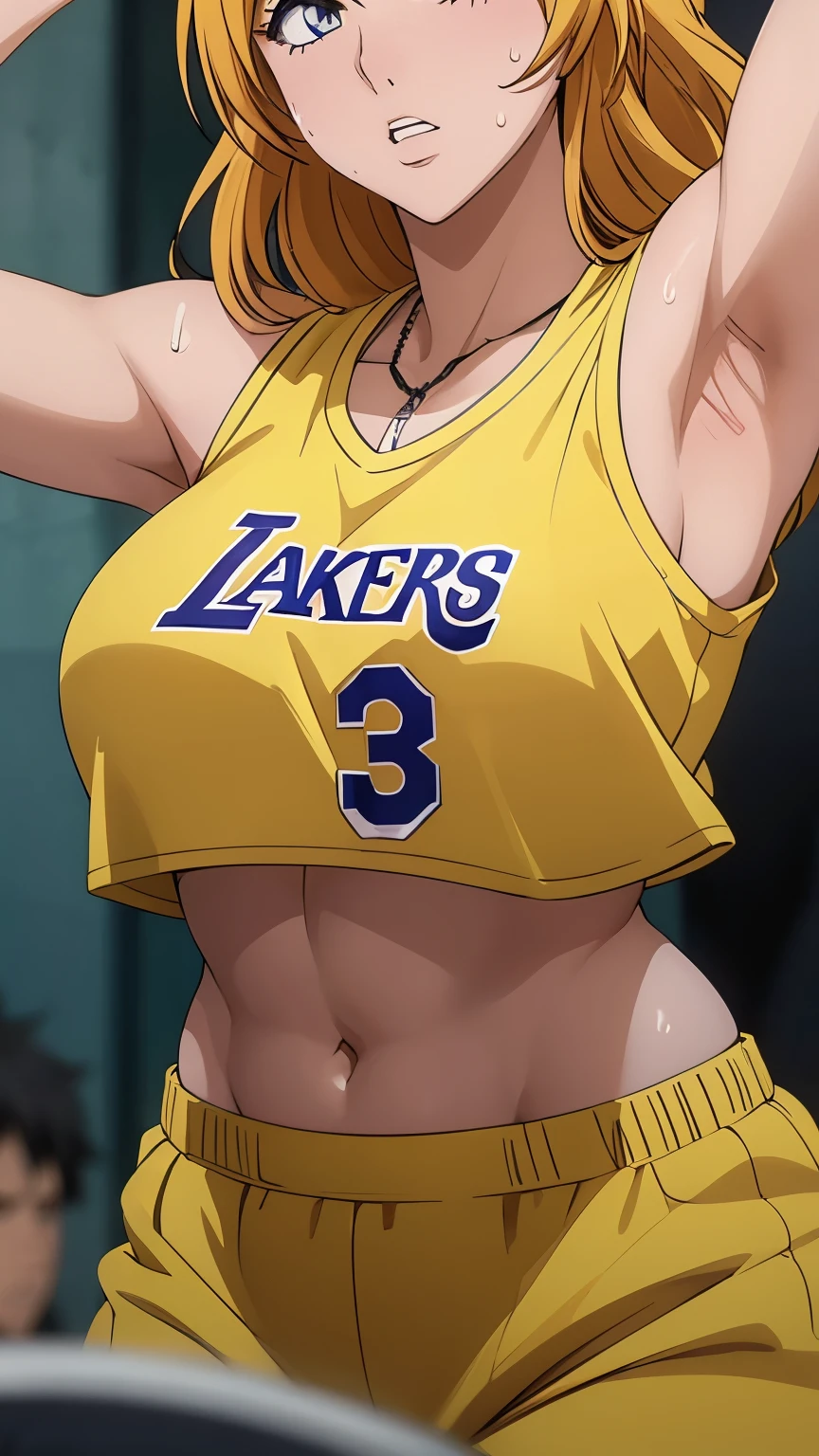 a close up of a person wearing a basketball uniform, a picture, inspired by Kentaro Miura, trending on pixiv, Rangiku Matsumoto, Bleach, wearing yellow nba jersey, yellow croptop nba jersey, wearing a low cut croptop, wearing croptop, croptop, the words "Lakers" written on the croptop, golden raito, (winking), shirobako, large)}], favorite scene, fine details. anime. skins, sweating, big breasts, both hands raised, armpits, armpits visible, dripping with sweat, more more sweat, sweaty armpits