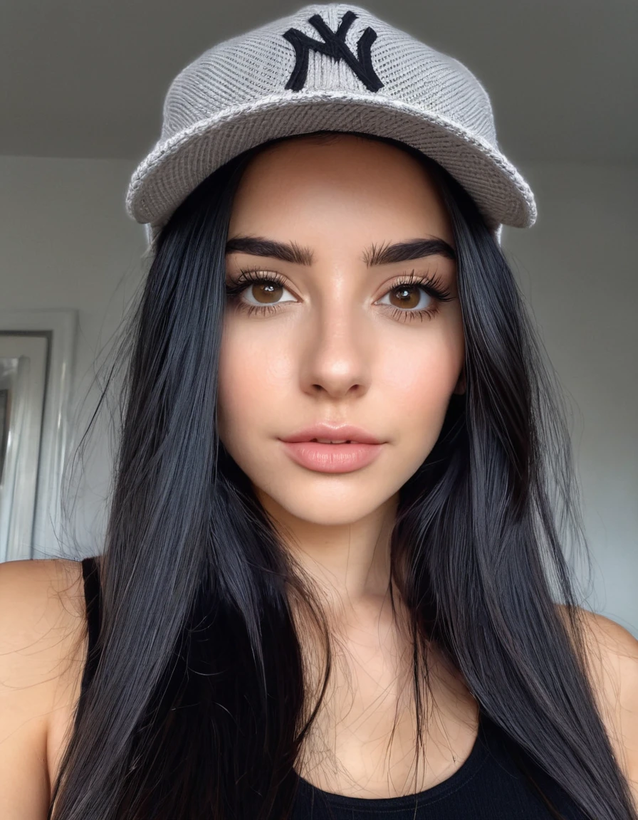 woman, 25 years old, ultra definition, (fotorrealista: 1.4), 8K, calidad premier, fondos detallados, cara delicada, maquillaje natural, foto cruda, iPhone, HDR, en lenceria, cabello negro, white skin, long hair, straight hair, Skinny body, black hair, senos medianos, ropa sexy, gorra de lana