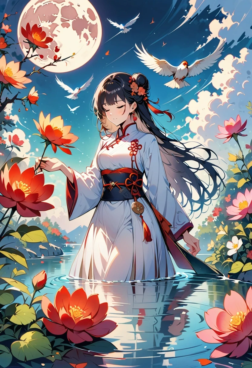 - Flower room wine, 1 girl, moon, long hair, alone, black hair, skirt, branch, bun, flower, reflection, Chinese clothes, hair accessories, jewelry, bird, earrings, full moon, water, white skirt, Keep flower, Keep, long sleeve, eyes closed, single bun, ripple, Sky, look down, whole body,Japanese cartoons,