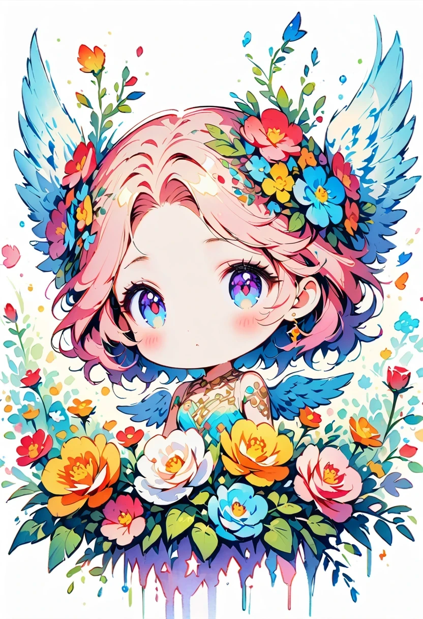 ((White background)), Watercolor beautiful wild rose fantasy art, perfect eyes,beautiful face and flowers, angel wings, chibi Lovely animation style, bright colors, intricate details, Ultra-detailed, super quality, 32k, Unreal Engine, isolated on White background, Lovely, flashing