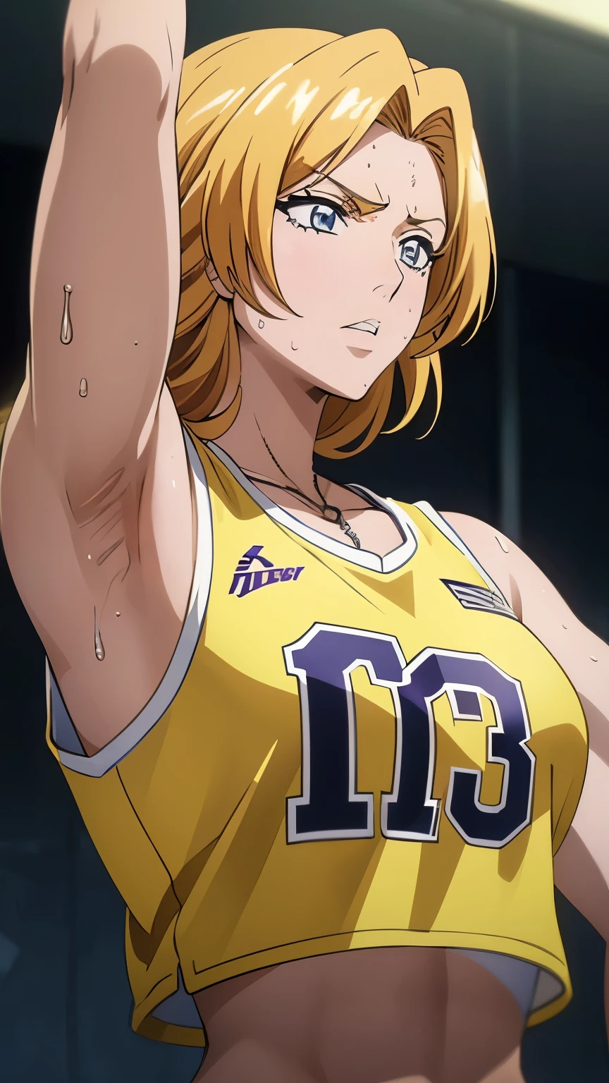 a close up of a person wearing a basketball uniform, a picture, inspired by Kentaro Miura, trending on pixiv, Rangiku Matsumoto, Bleach, wearing yellow nba jersey, yellow croptop nba jersey, wearing a low cut croptop, wearing croptop, croptop, the words "Lakers" written on the croptop, golden raito, (winking), shirobako, large)}], favorite scene, fine details. anime. skins, sweating, big breasts, both hands raised, armpits, armpits visible, dripping with sweat, more more sweat, sweaty armpits