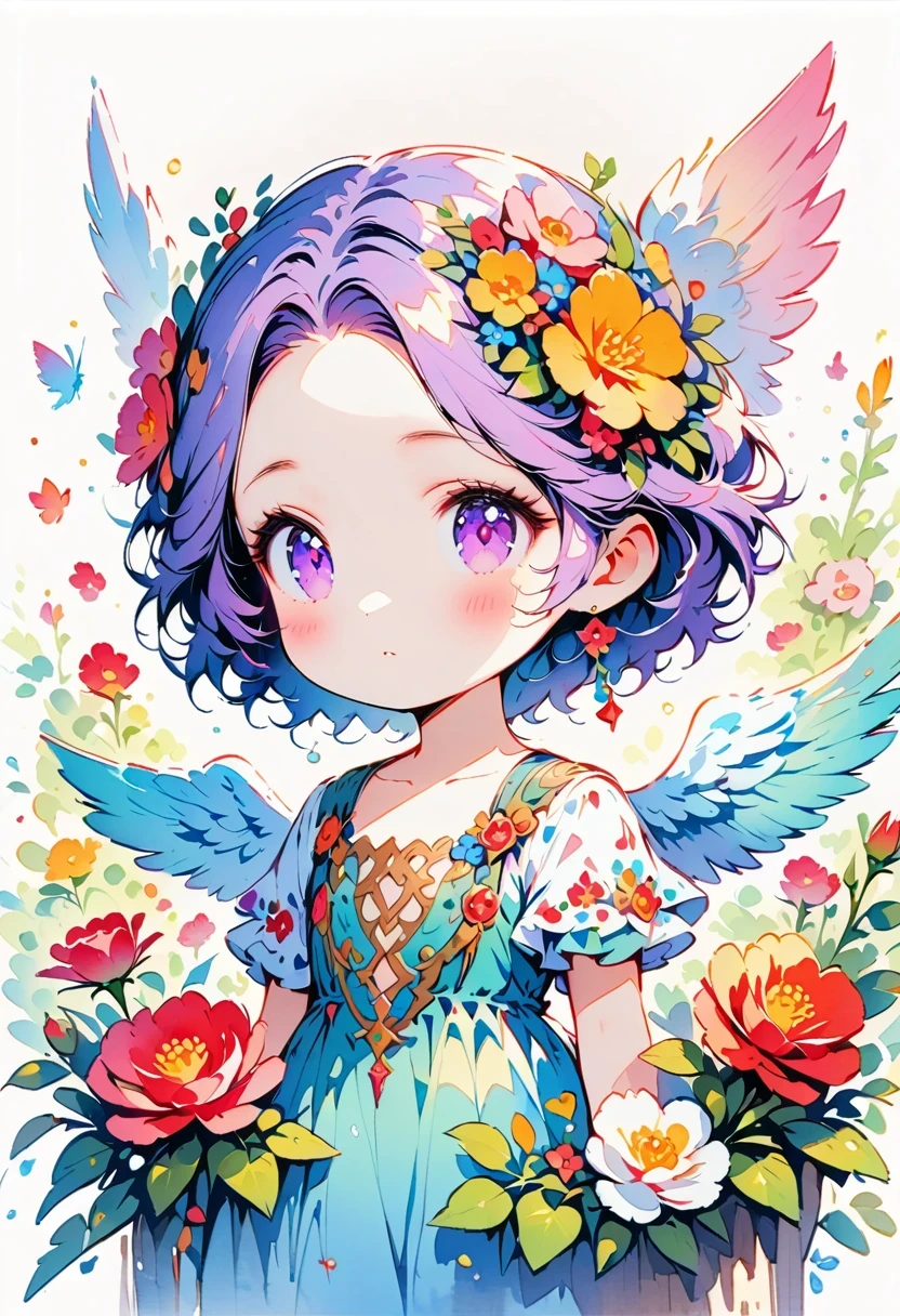 ((White background)), Watercolor beautiful wild rose fantasy art, perfect eyes,beautiful face and flowers, angel wings, chibi Lovely animation style, bright colors, intricate details, Ultra-detailed, super quality, 32k, Unreal Engine, isolated on White background, Lovely, flashing